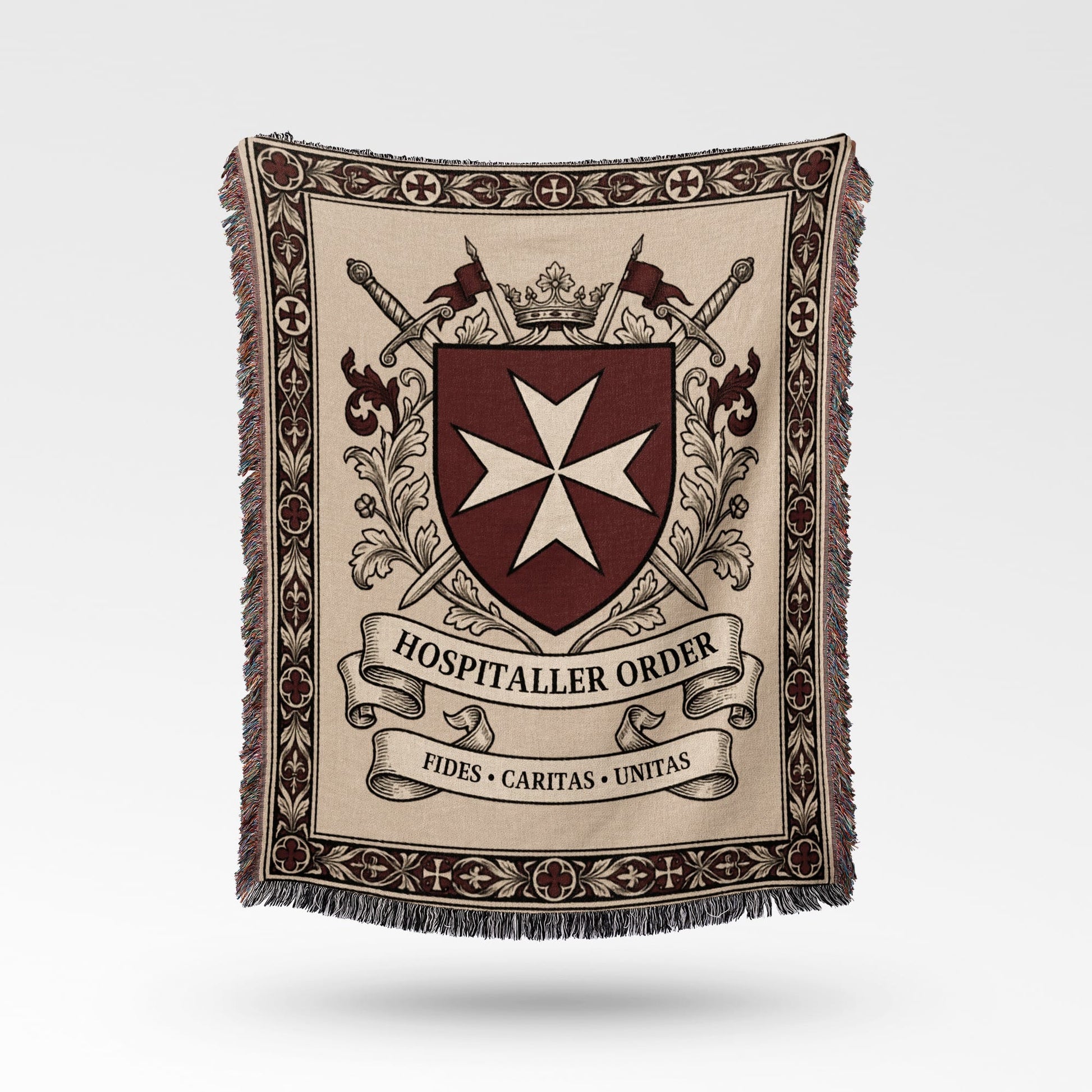Tapestry with central shield, swords, crown and text "Hospitaller Order" and "FIDES CARITAS UNITAS".