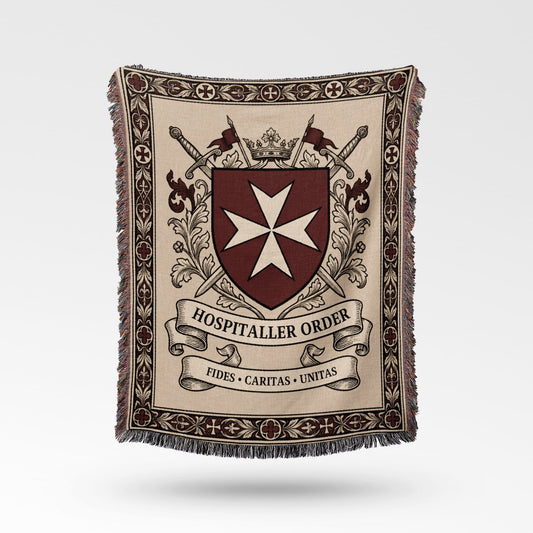 Tapestry with central shield, swords, crown and text "Hospitaller Order" and "FIDES CARITAS UNITAS".