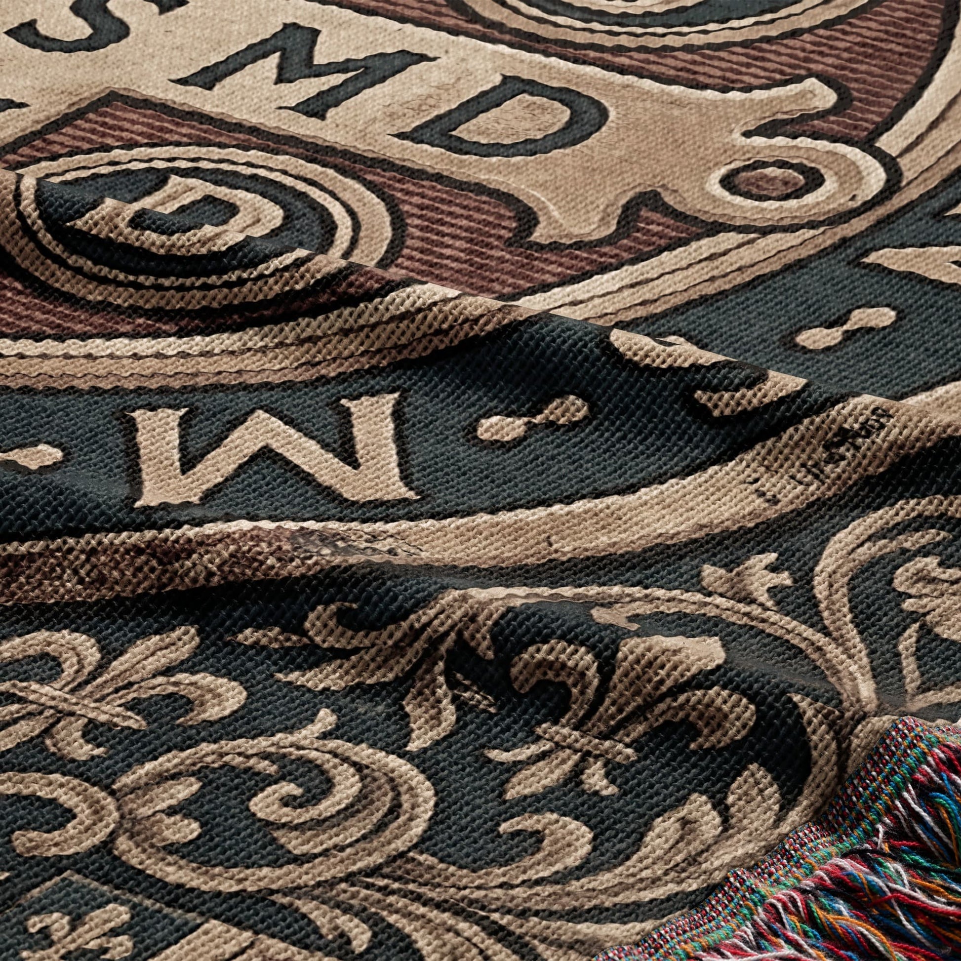 Woven tapestry with ornate scrollwork, fleur-de-lis, and letters.