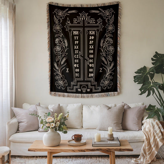 Decorative Tapestry with Intricate Floral and Cross Design