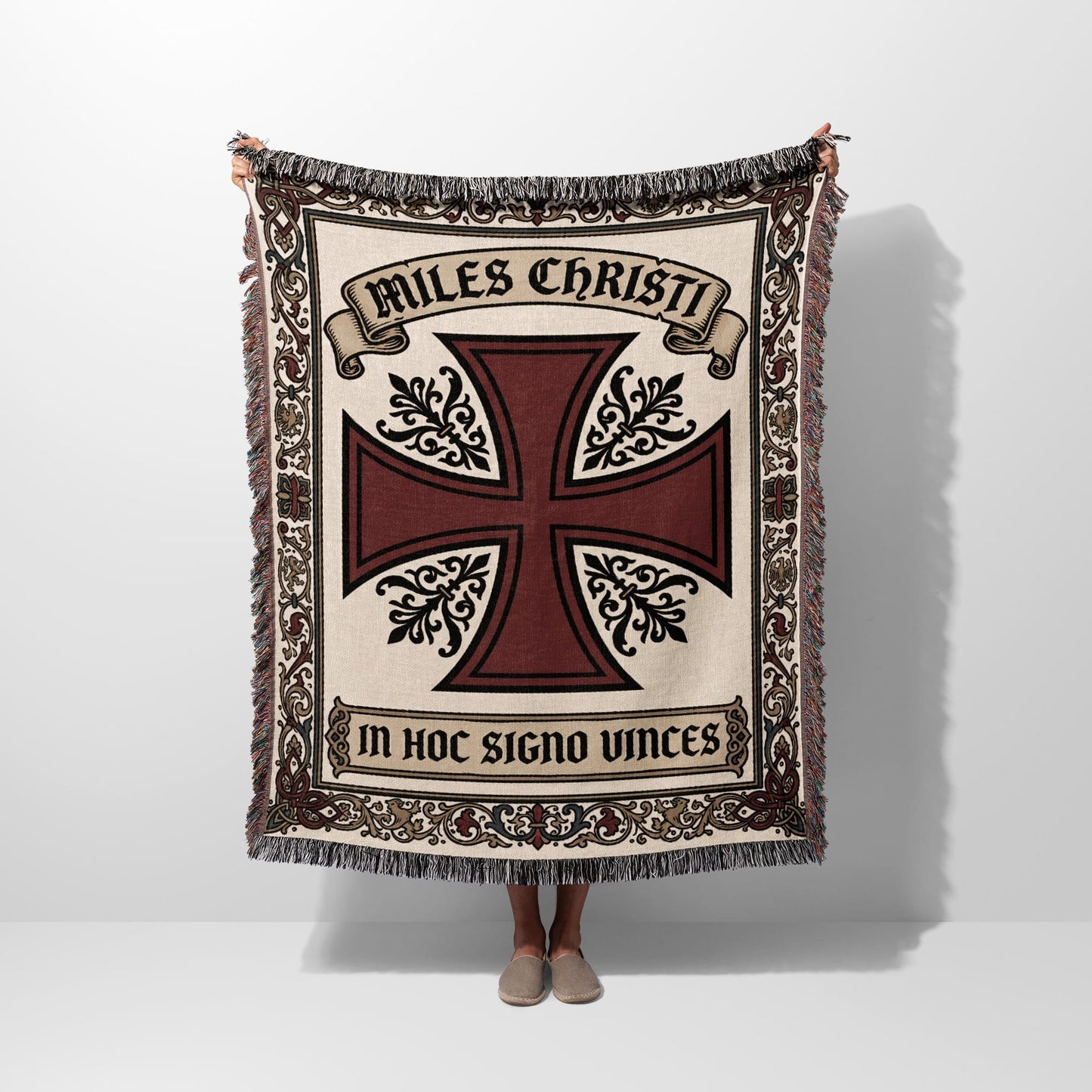 Tapestry blanket featuring a large red and black cross with "Miles Christi" and "In Hoc Signo Vinces" text.
