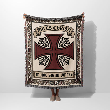 Tapestry blanket featuring a large red and black cross with "Miles Christi" and "In Hoc Signo Vinces" text.
