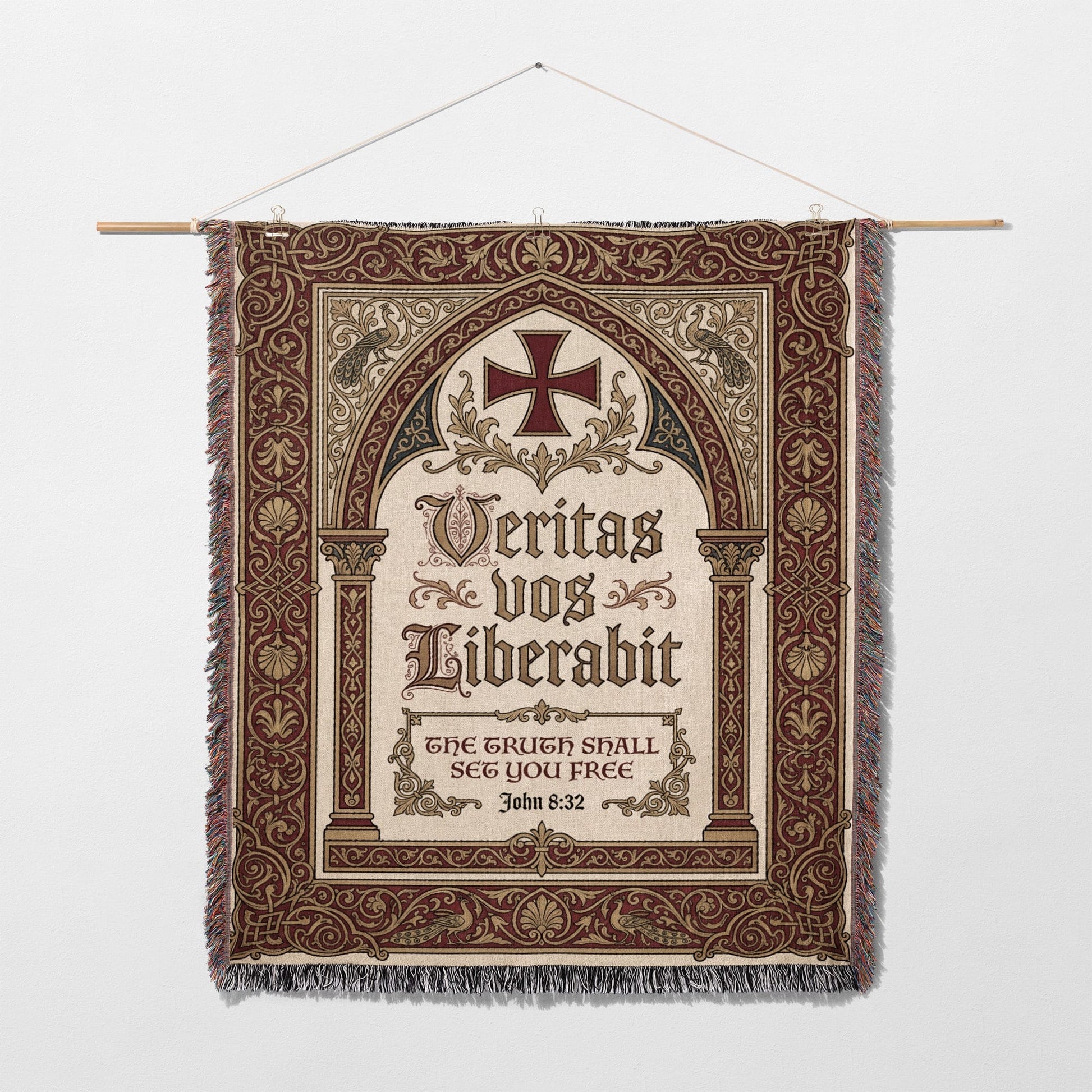 Tapestry with "Veritas vos liberabit" and "The truth shall set you free" from John 8:32.