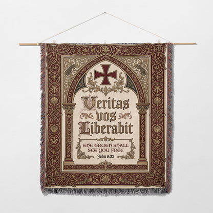 Tapestry with "Veritas vos liberabit" and "The truth shall set you free" from John 8:32.