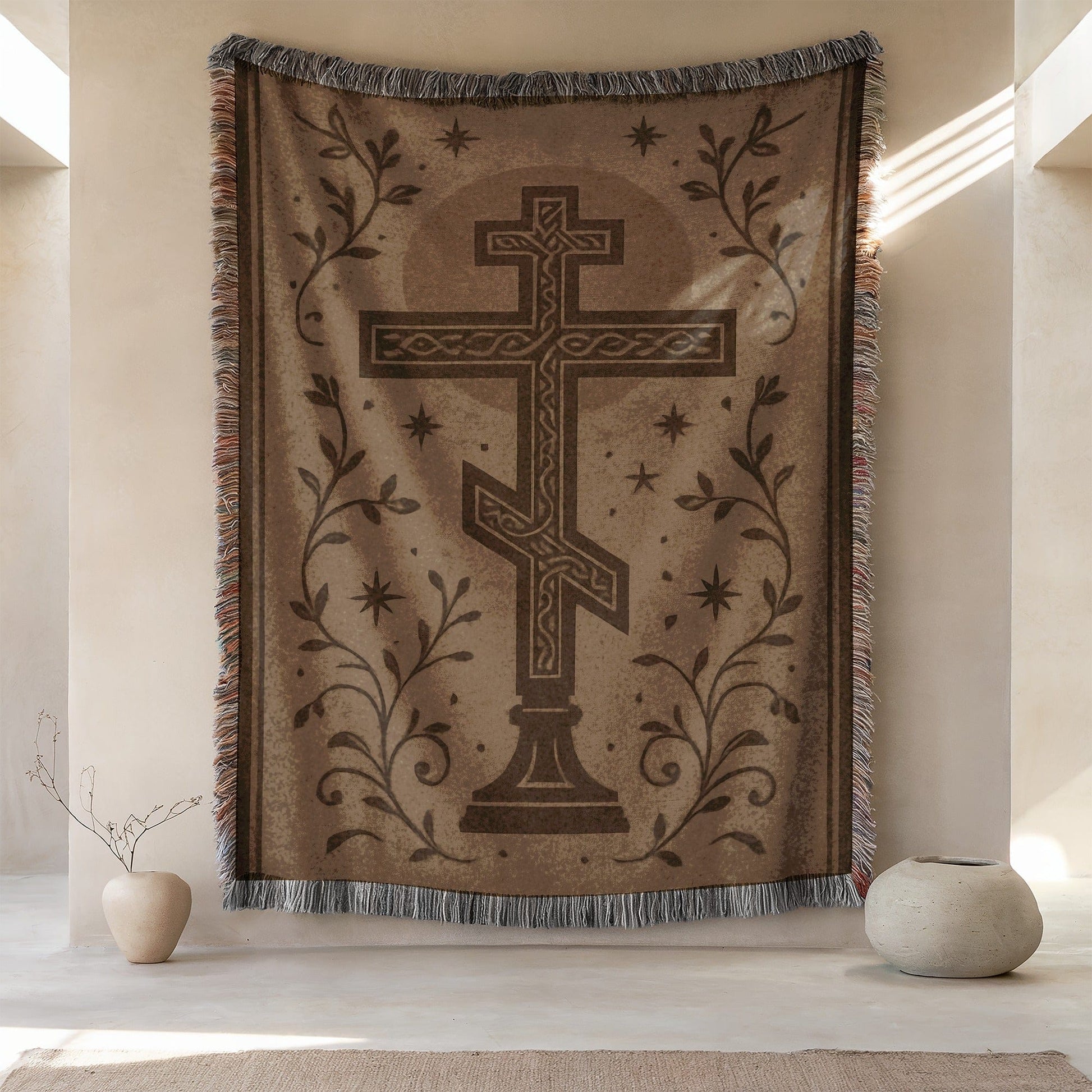 Decorative Tapestry with Cross and Floral Design Product