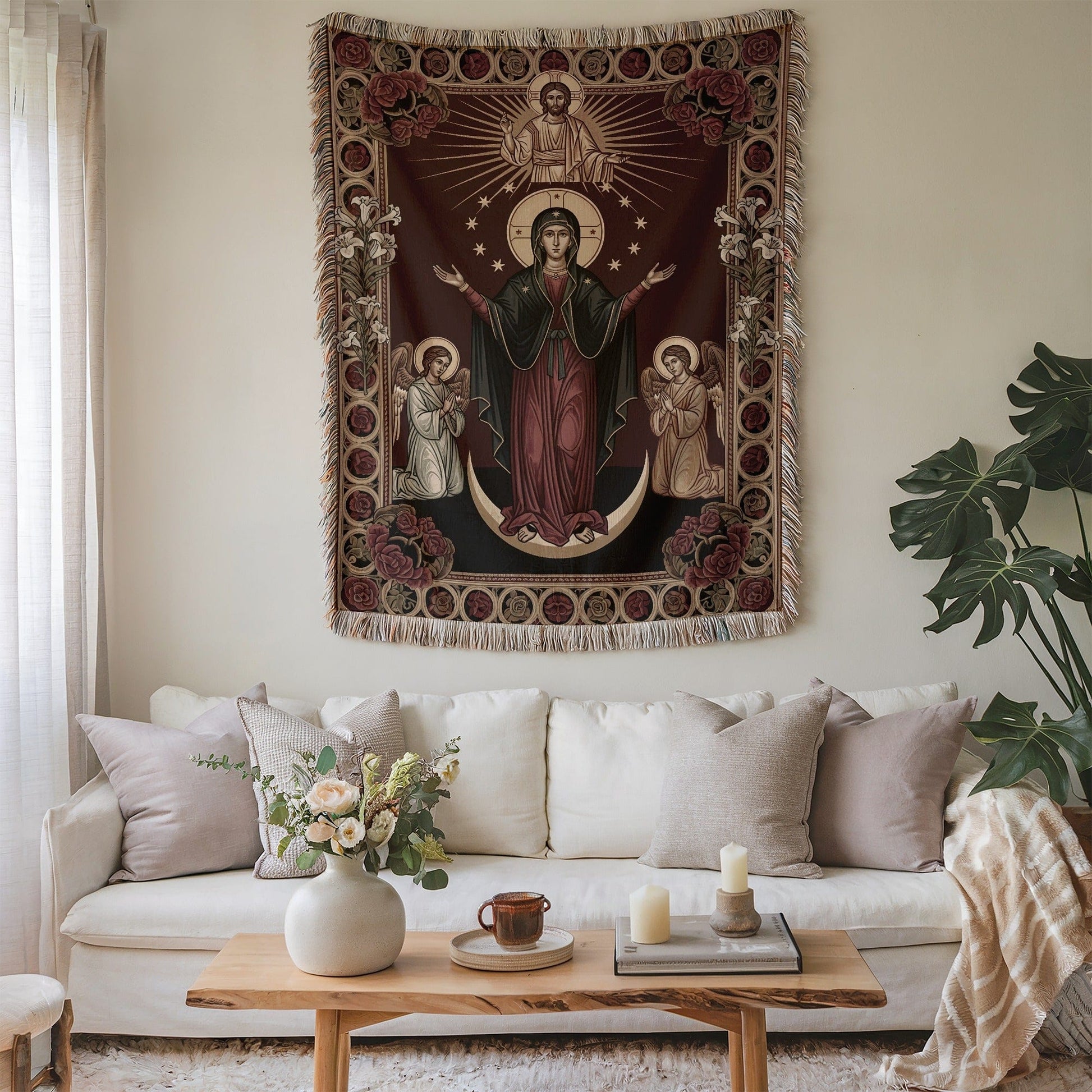 Virgin Mary and Saints Religious Tapestry Wall Hanging