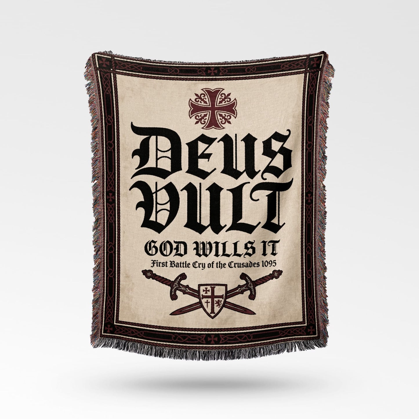 Cream blanket with "Deus Vult" and Crusader imagery.