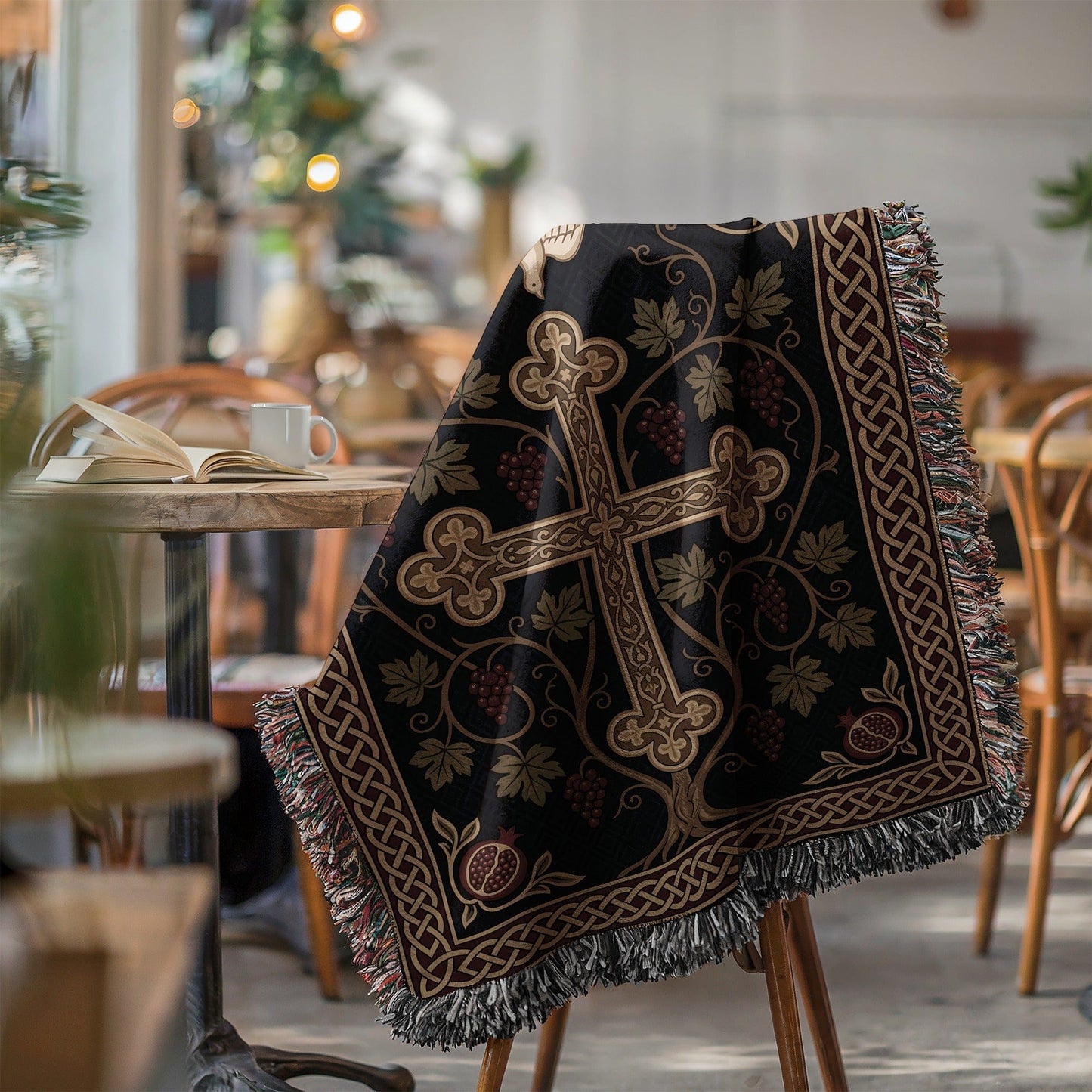 Elegant Tapestry with Cross and Vine Design Blanket