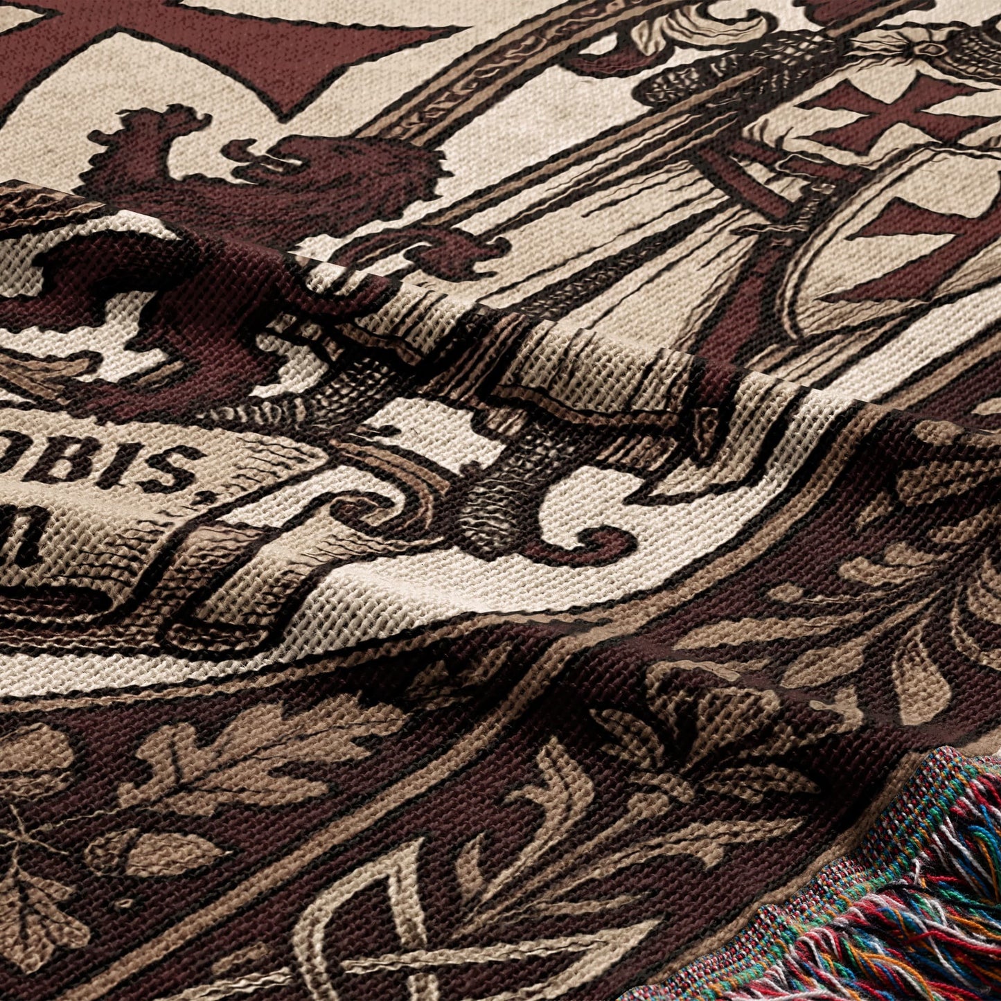 Tapestry featuring knight, lion, and scroll with text "OBIS" and a red cross shield.