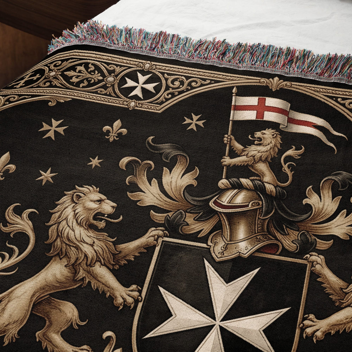 CalmNestStyle Order of Saint John Lions Crest Red Cross Banner Woven Blanket jacquard woven blanket