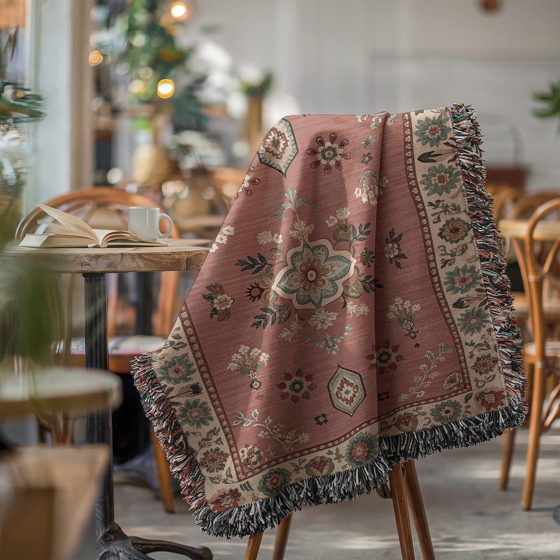 Elegant Floral Vintage Design Fringe Accent Blanket