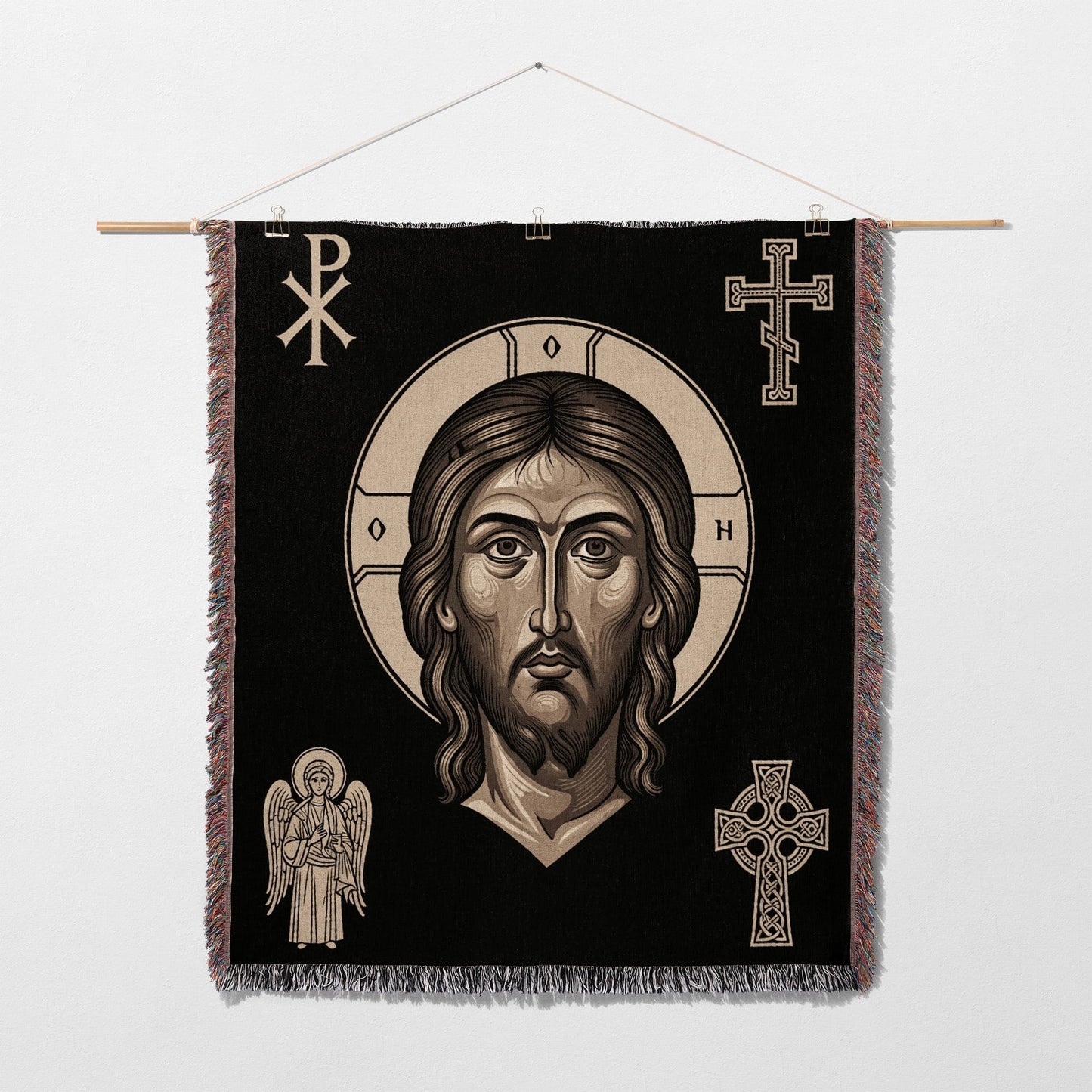 Woven tapestry depicting Jesus Christ with a halo, an angel, and Celtic crosses.