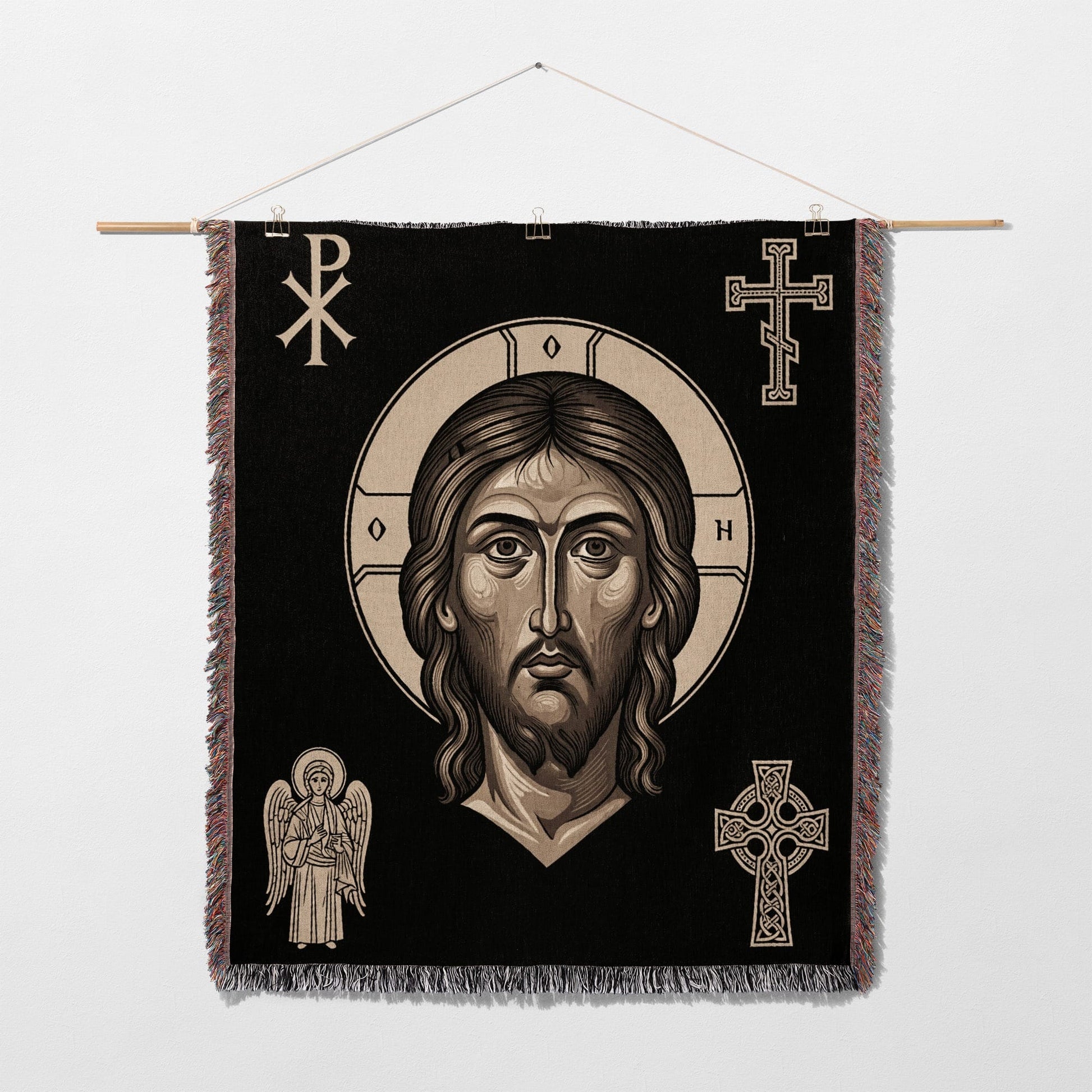 Woven tapestry depicting Jesus Christ with a halo, an angel, and Celtic crosses.
