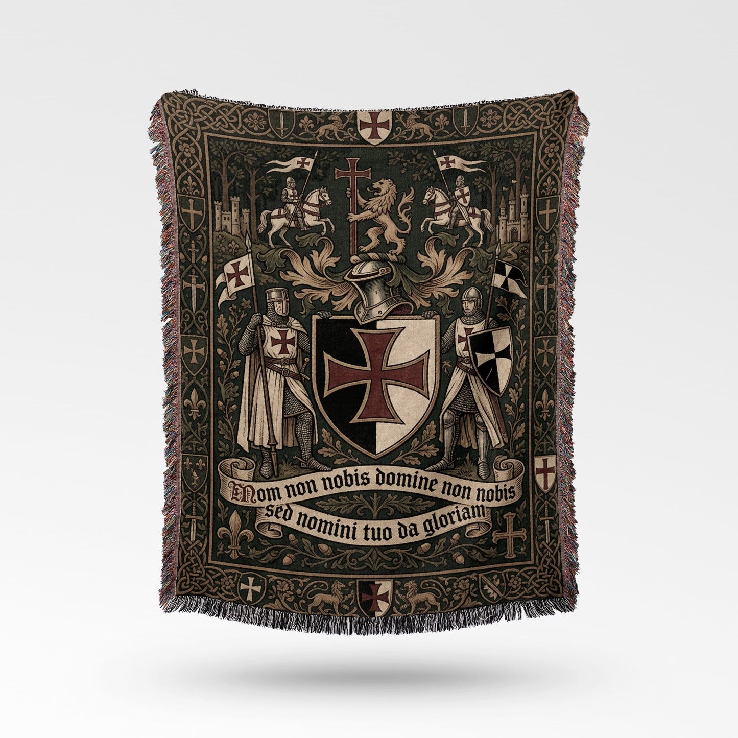 Tapestry with knights, lions, and Latin text "Non nobis Domine non nobis, Sed nomini tuo da gloriam."