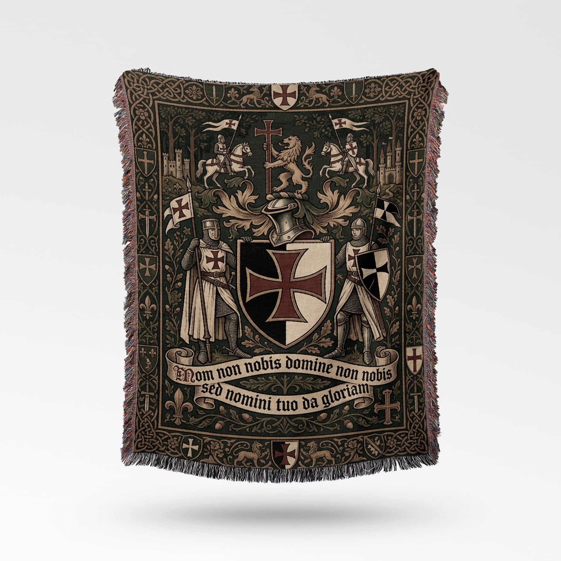 Tapestry with knights, lions, and Latin text "Non nobis Domine non nobis, Sed nomini tuo da gloriam."