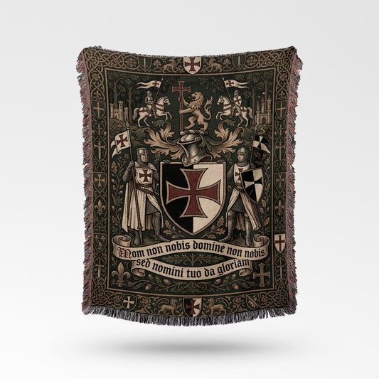 Tapestry with knights, lions, and Latin text "Non nobis Domine non nobis, Sed nomini tuo da gloriam."