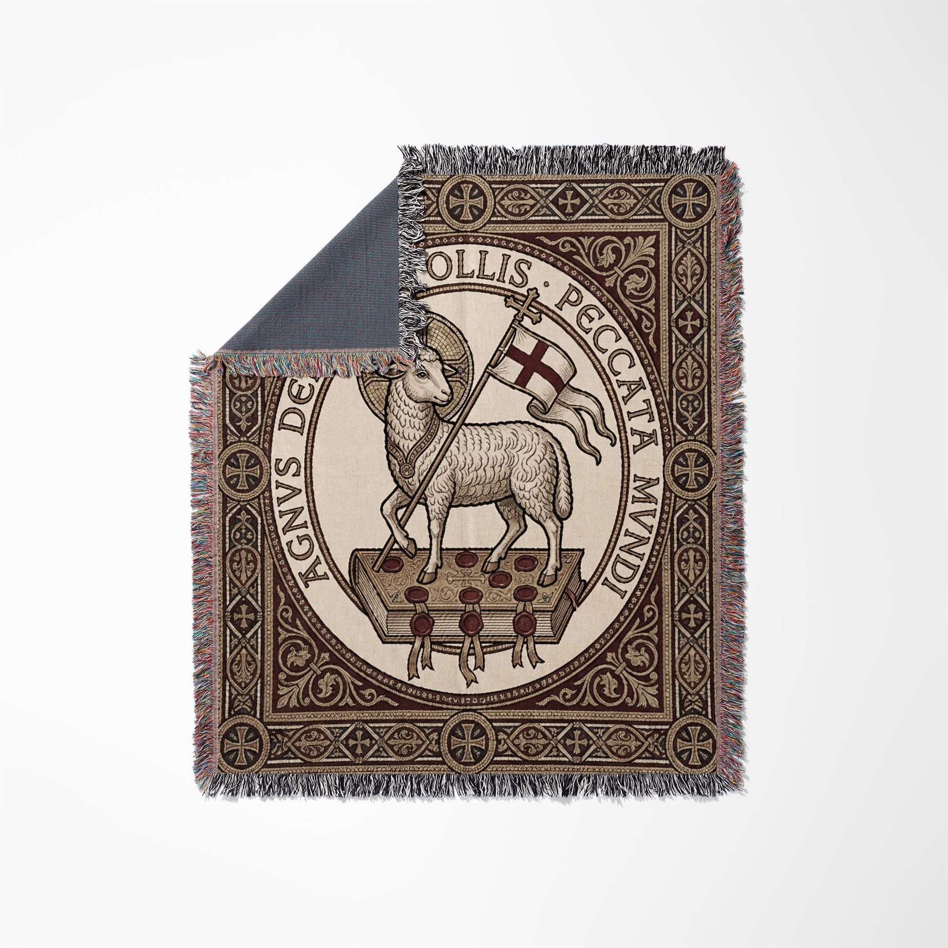 Lamb of God with banner on book, surrounded by decorative border.