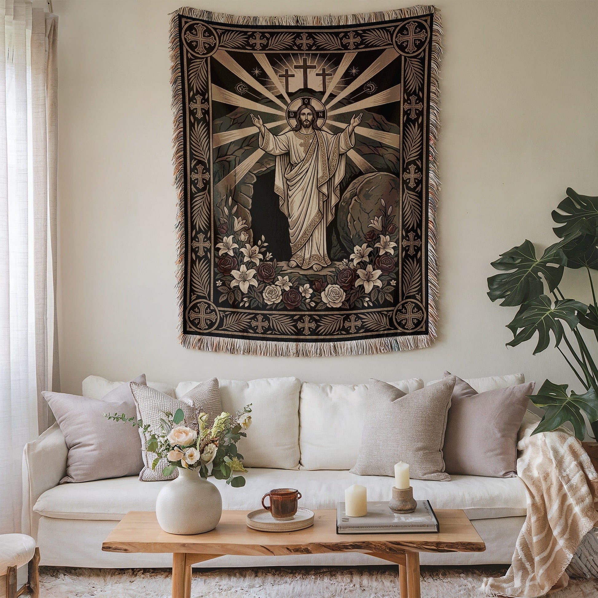 Religious Wall Art Tapestry with Jesus Resurrection Design
