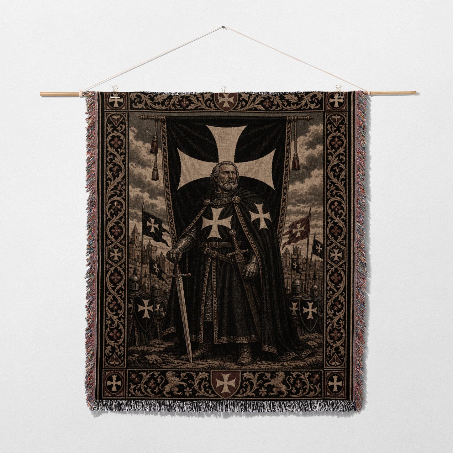 Knights Templar tapestry with central figure and ornate border.