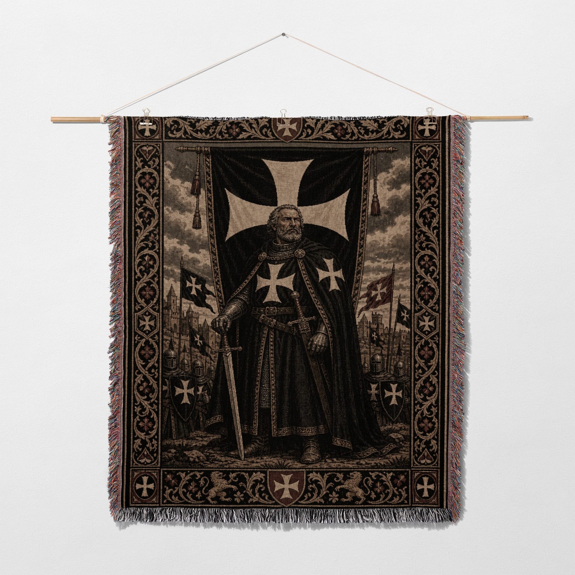 Knights Templar tapestry with central figure and ornate border.