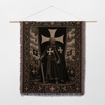 Knights Templar tapestry with central figure and ornate border.