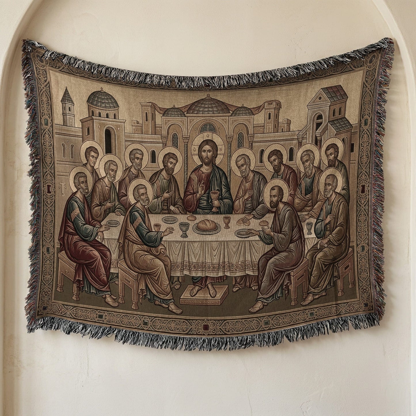 MyDesigns Cream Gold Last Supper Landscape Tapestry - Byzantine Icon jacquard woven blanket