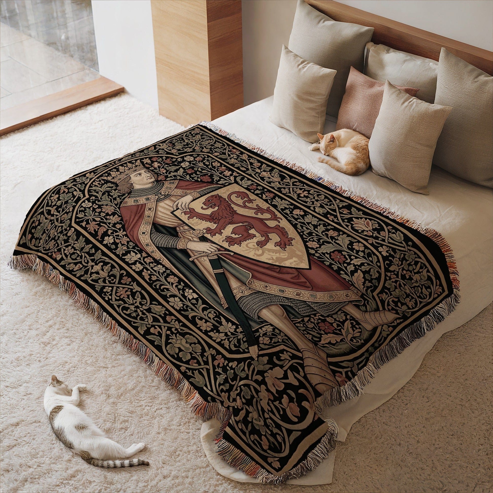 Medieval Knight and Lion Shield Tapestry Blanket