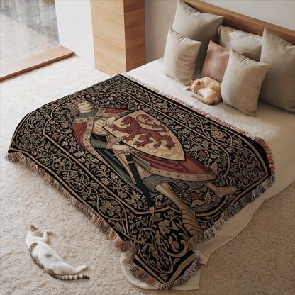 Medieval Knight and Lion Shield Tapestry Blanket
