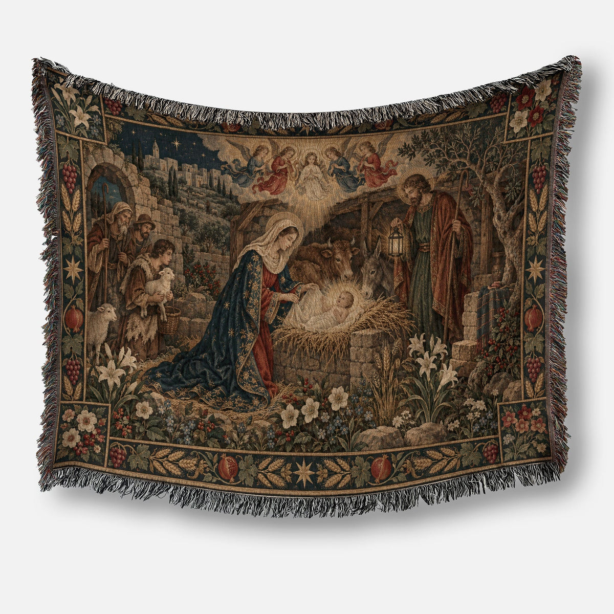 A woven tapestry depicting the Nativity scene with Mary, Joseph, and the baby Jesus.