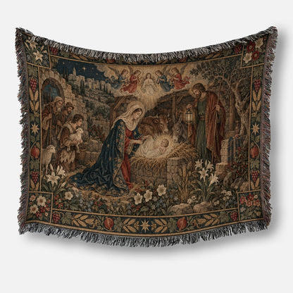 A woven tapestry depicting the Nativity scene with Mary, Joseph, and the baby Jesus.