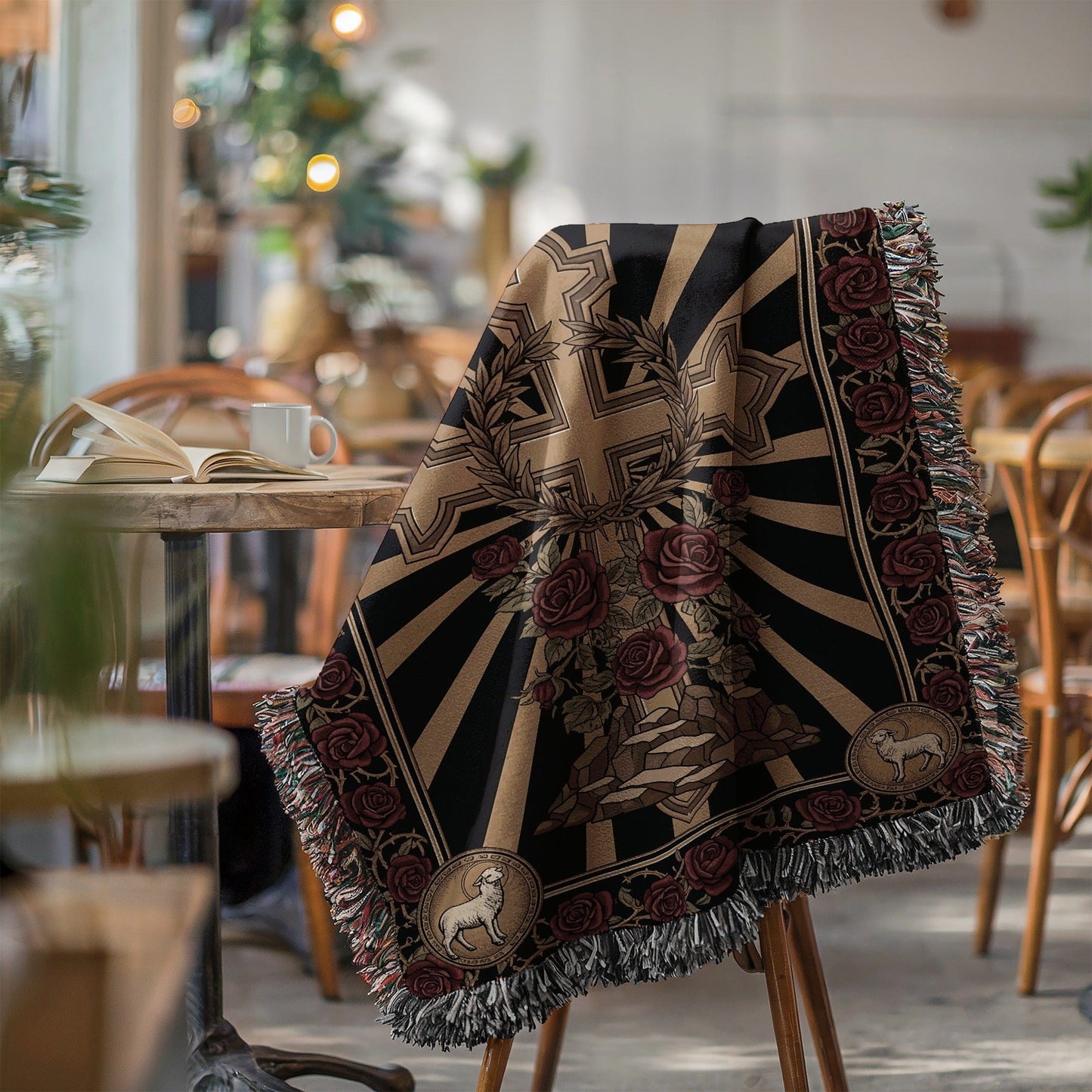 Floral and Geometric Patterned Blanket with Fringe Edges
