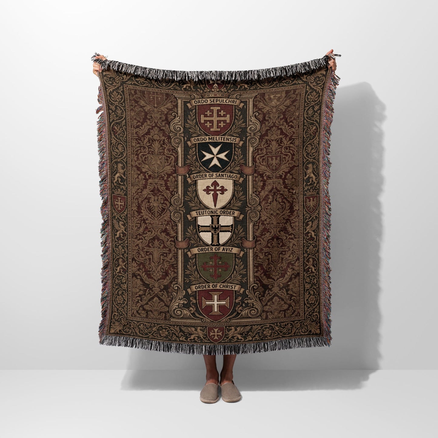 Woven tapestry blanket with heraldic shields for Ordo Sepulchri, Ordo Melitensis, and others.