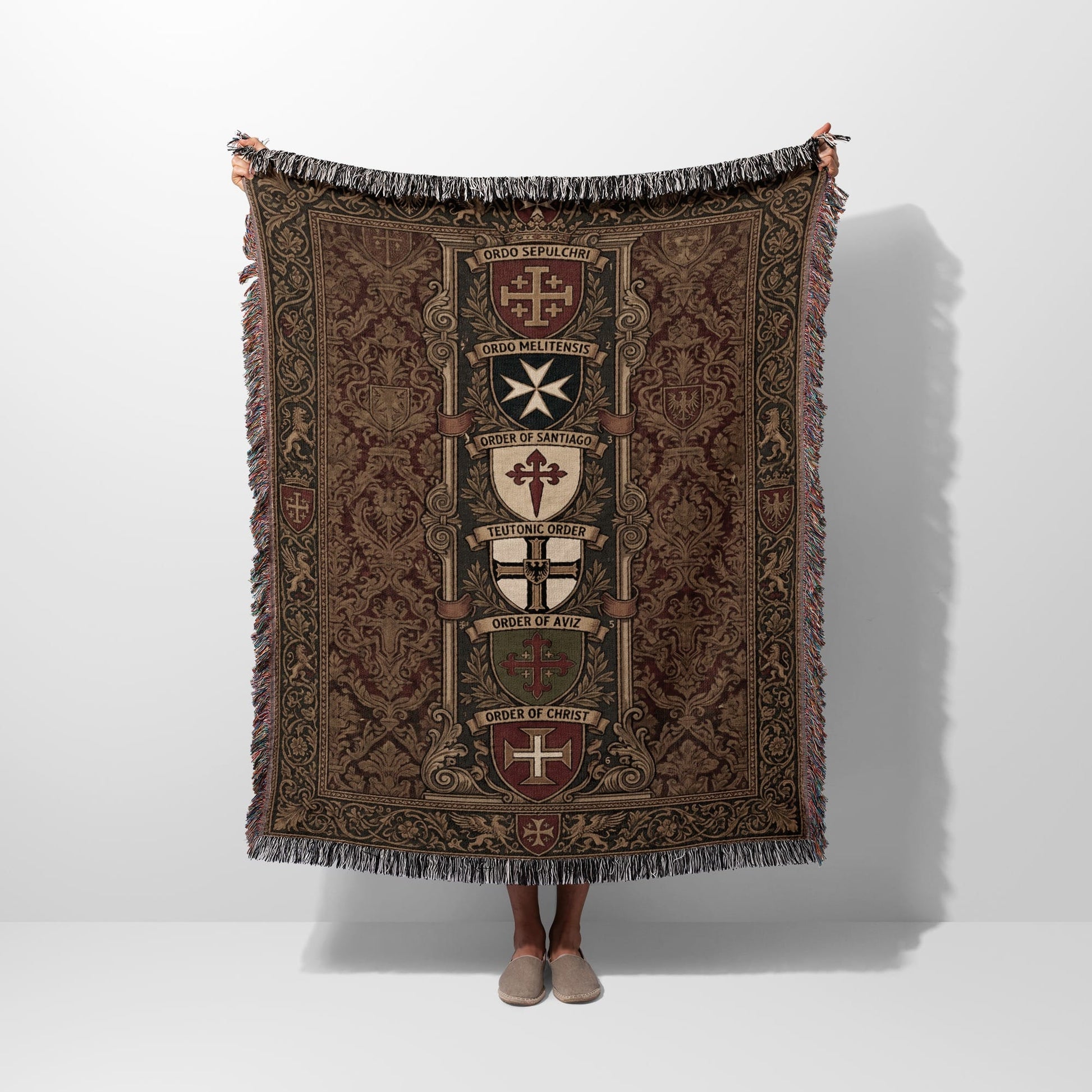 Woven tapestry blanket with heraldic shields for Ordo Sepulchri, Ordo Melitensis, and others.