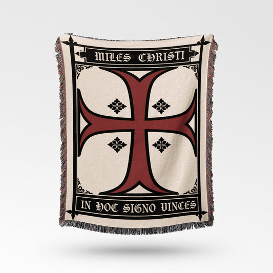 Tapestry blanket with red cross, "Miles Christi" and "In Hoc Signo VInces".