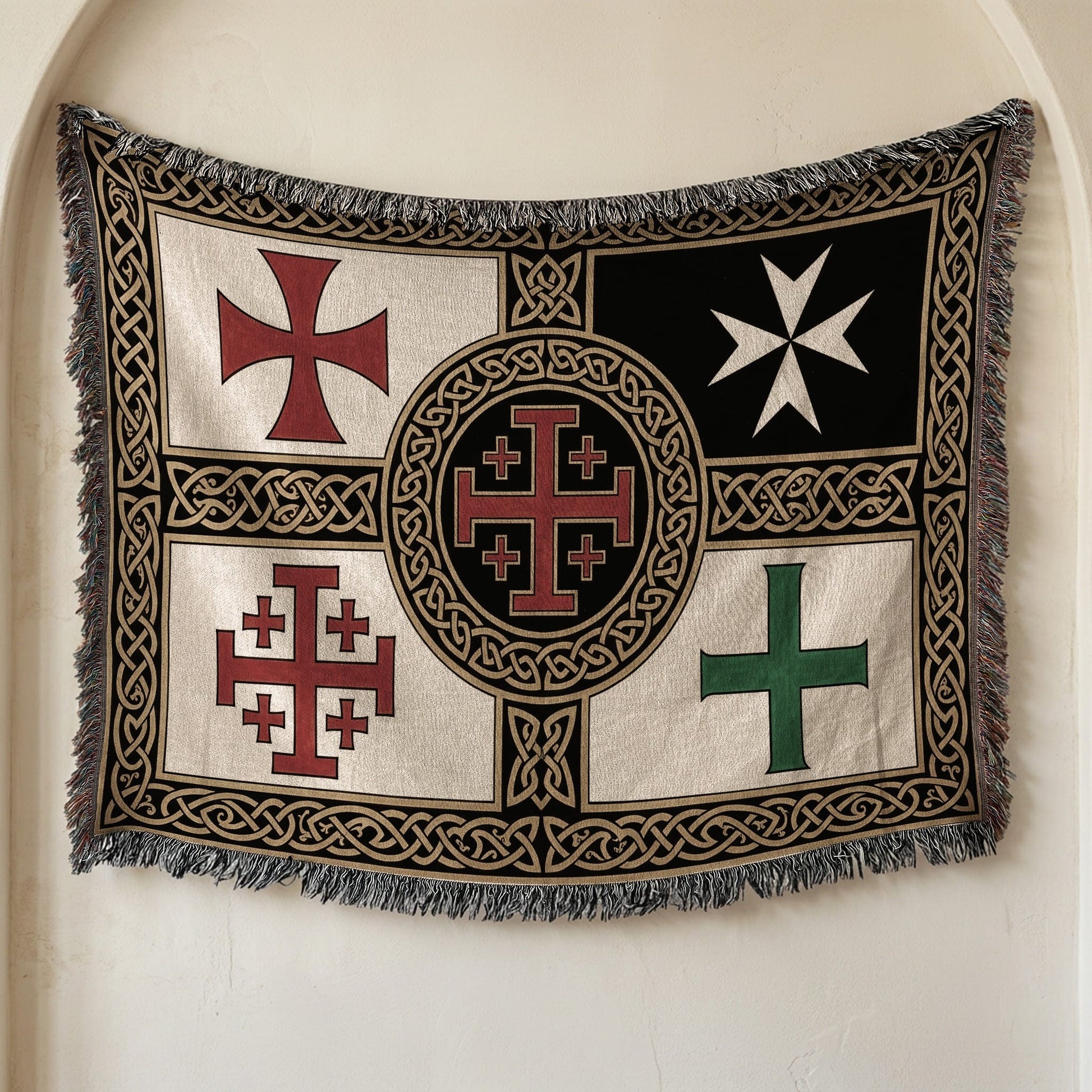MyDesigns Medieval Tapestry Woven Throw – Saint Lazarus Green Cross & Crusader Orders Blanket jacquard woven blanket