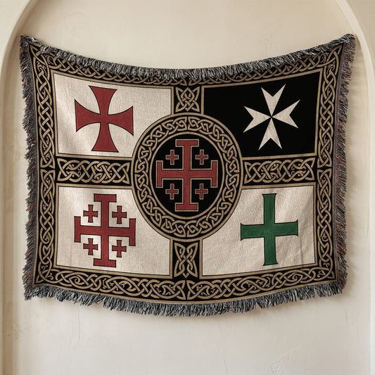MyDesigns Medieval Tapestry Woven Throw – Saint Lazarus Green Cross & Crusader Orders Blanket jacquard woven blanket