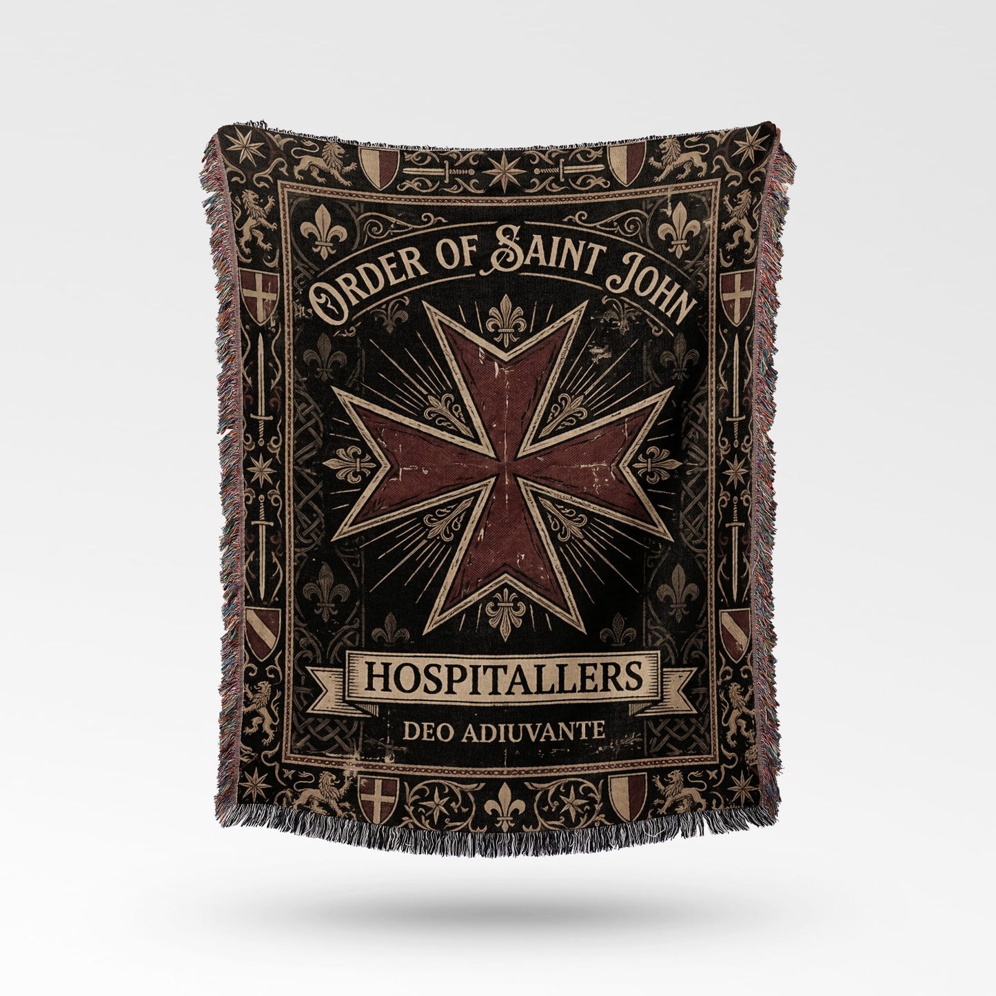 Order of Saint John Hospitallers blanket with a red cross and ornate border.