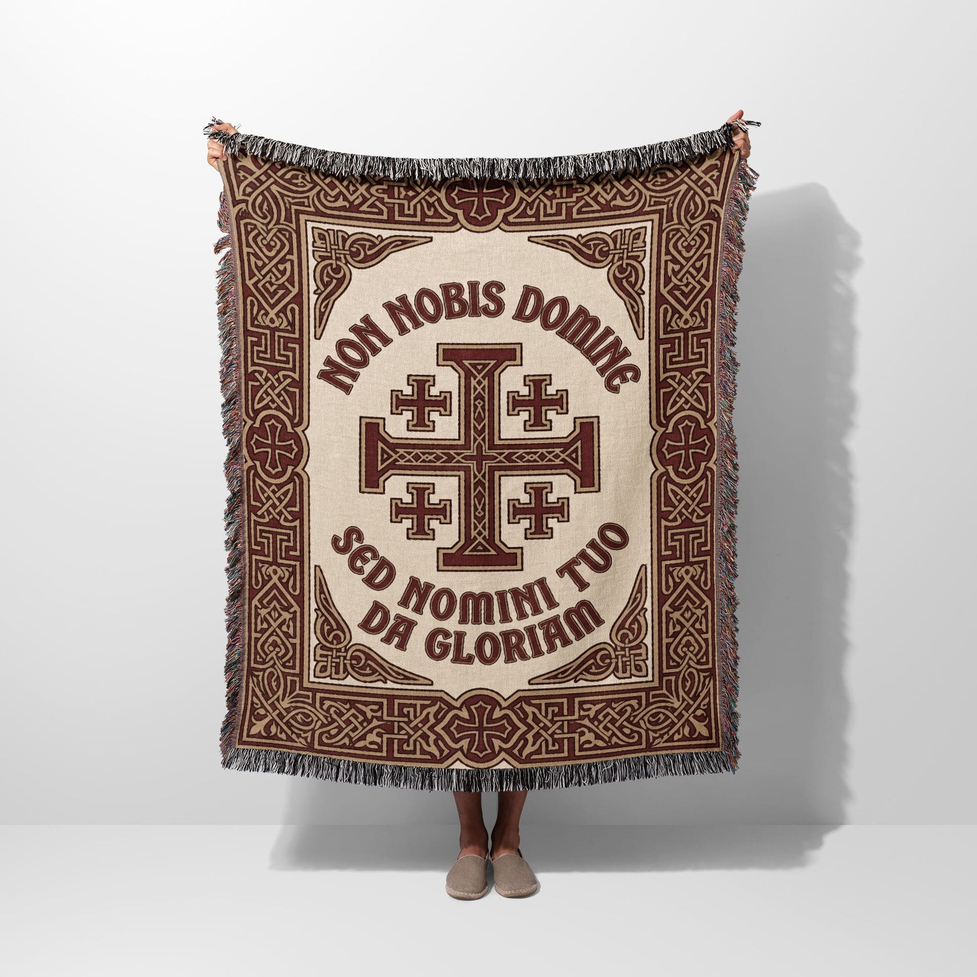 Woven blanket with Jerusalem cross and Latin text "Non Nobis Domine Sed Nomini Tuo".