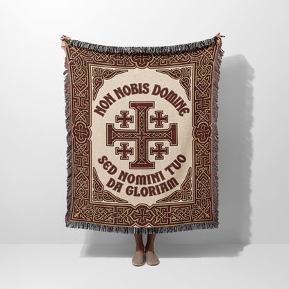 Woven blanket with Jerusalem cross and Latin text "Non Nobis Domine Sed Nomini Tuo".