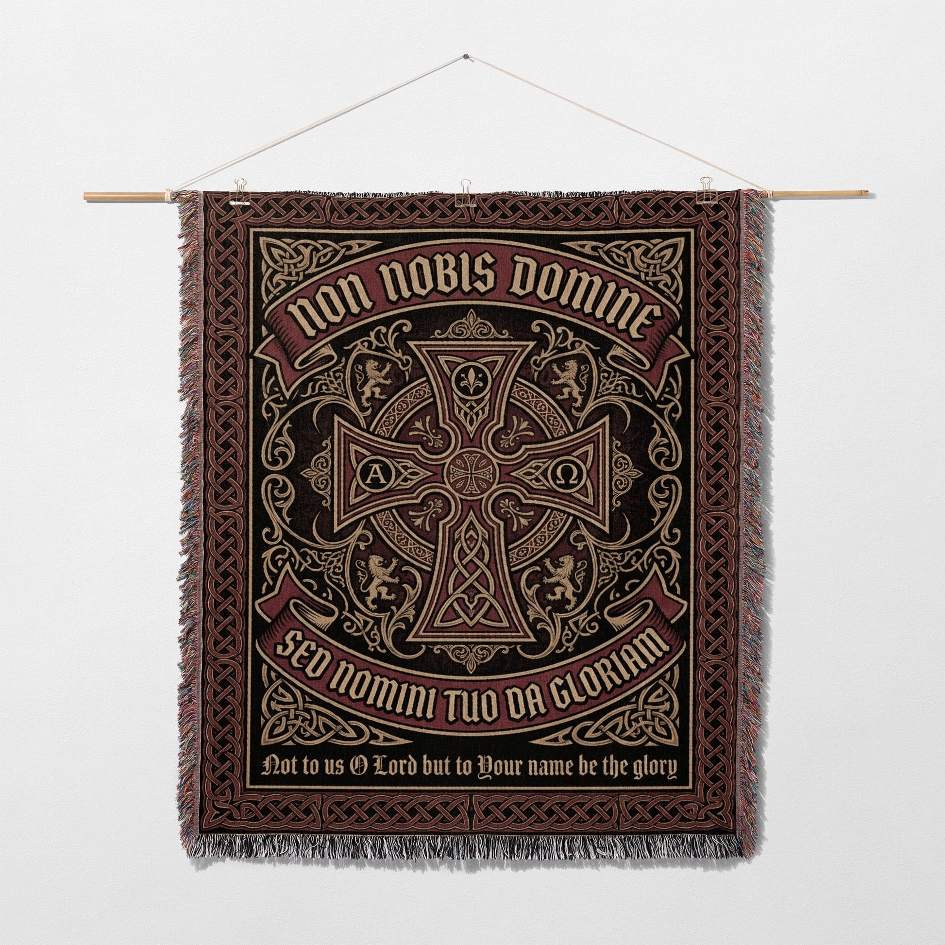 Tapestry with ornate cross and Latin text "Non Nobis Domine, Sed Nomi Tuo Da Gloriam".