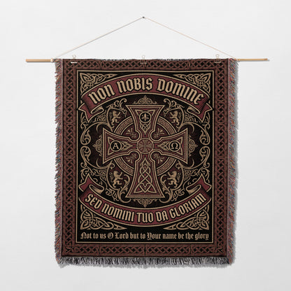 Tapestry with ornate cross and Latin text "Non Nobis Domine, Sed Nomi Tuo Da Gloriam".