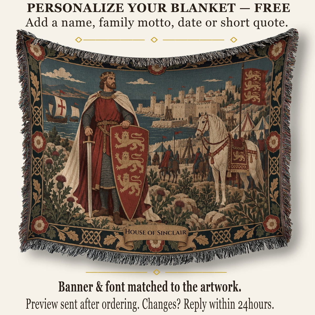 CalmNestStyle Richard the Lionheart Rose Border jacquard woven blanket