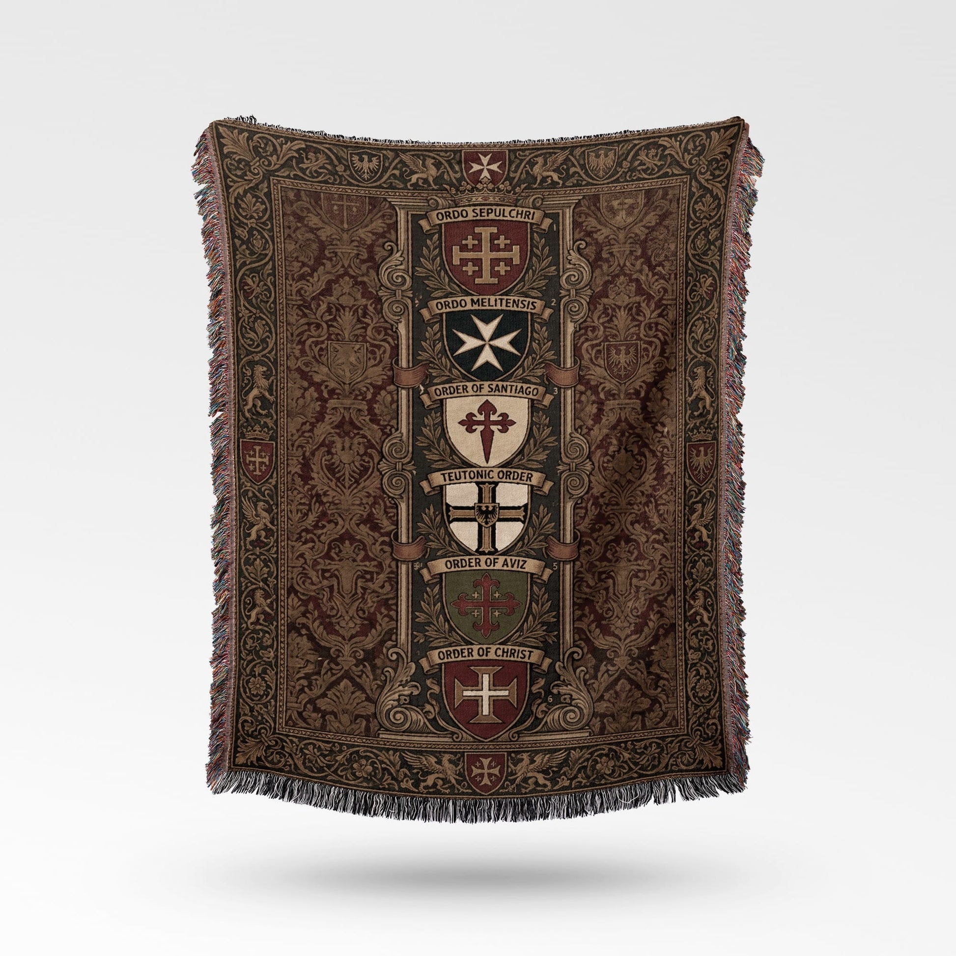 Tapestry with medieval orders' coats of arms and ornate border.