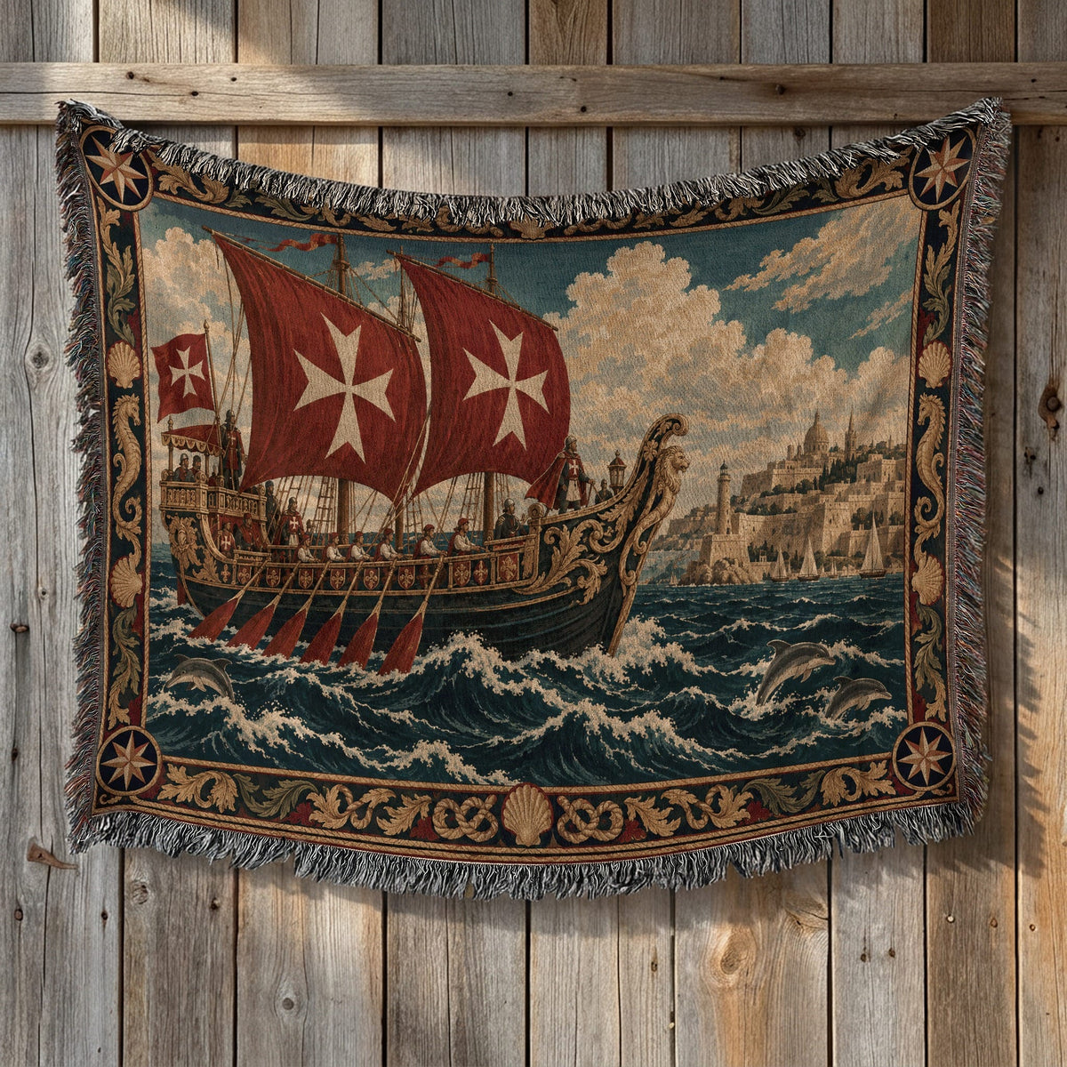 CalmNestStyle Knights of Malta Galleon with Red Cross Sails Woven Blanket jacquard woven blanket