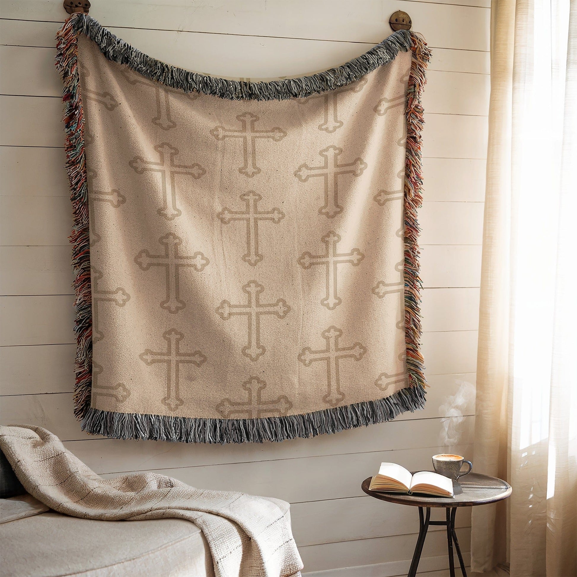 Cozy Beige Cross Patterned Fringe Blanket Decor