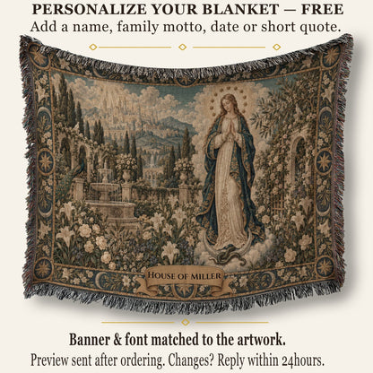 Woven tapestry throw blanket featuring a classic religious scene of a woman standing in a garden with a city and mountains in the background.