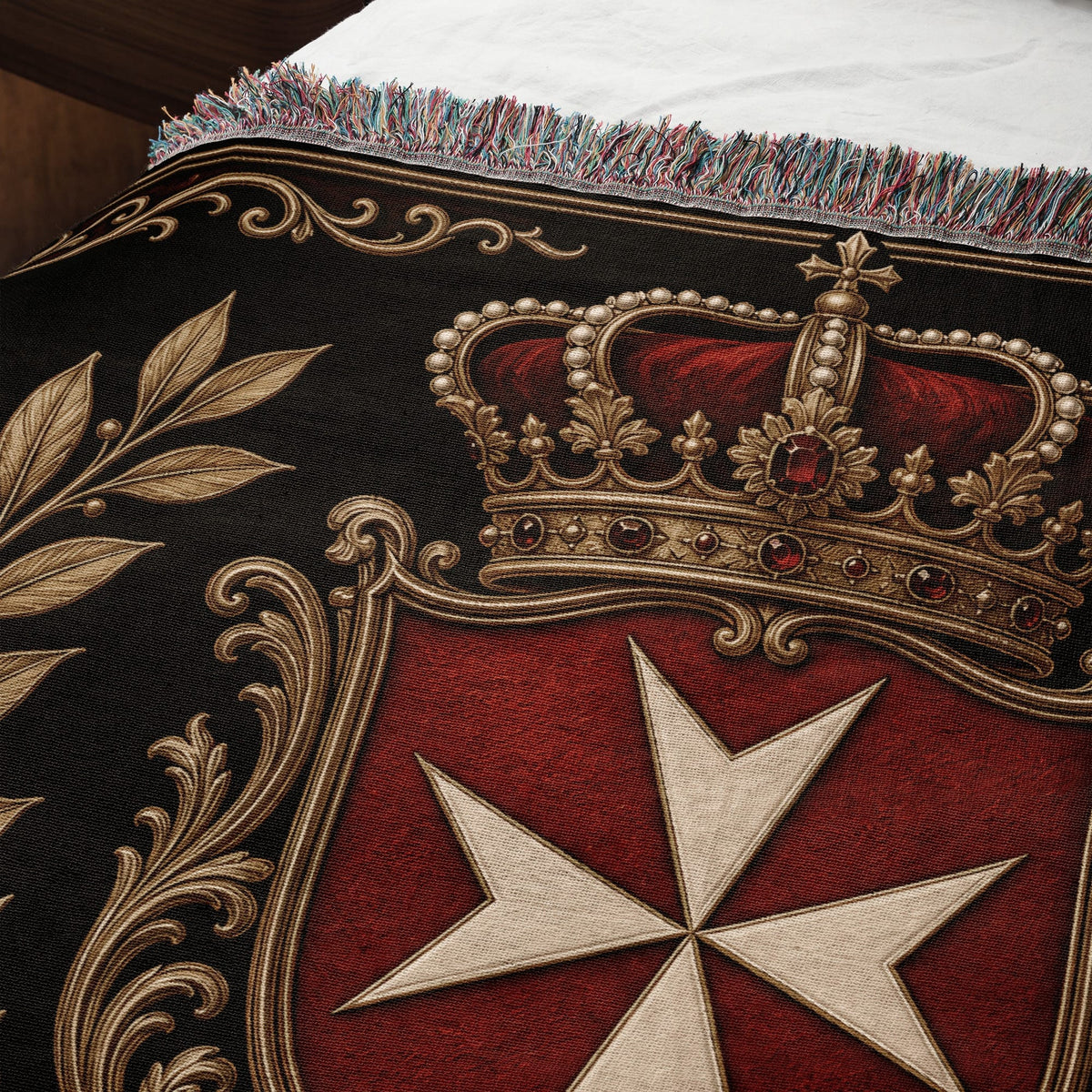 CalmNestStyle Order of Malta Crown and Laurel Black Gold Woven Blanket jacquard woven blanket