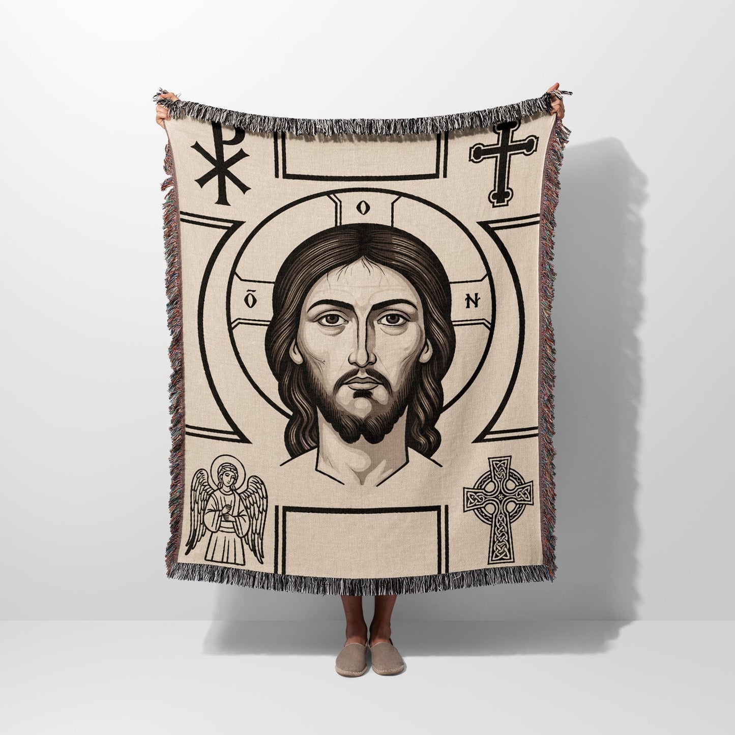 Tapestry featuring Jesus' face, angels, Celtic cross, and Christian symbols.