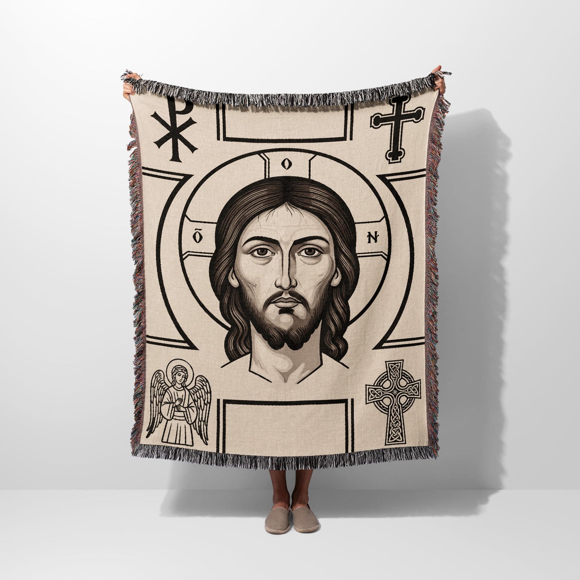 Tapestry featuring Jesus' face, angels, Celtic cross, and Christian symbols.