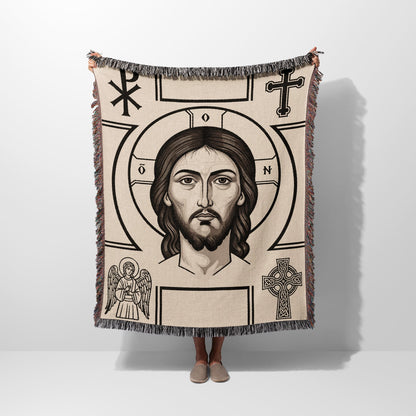 Tapestry featuring Jesus' face, angels, Celtic cross, and Christian symbols.